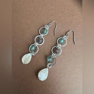 Boho Glass Bead & Shell Drop Earrings Silver Tone Green Brown Coastal Dangle 3”
